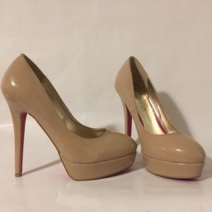 Nude Patent Leather Stiletto Pumps w/Pink Sole